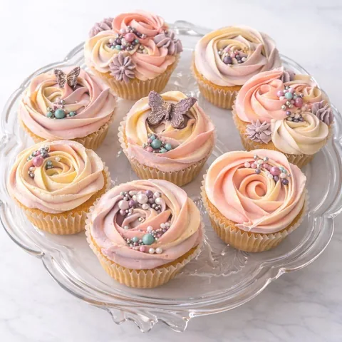 Pastel rose cupcakes with chocolate butterflies